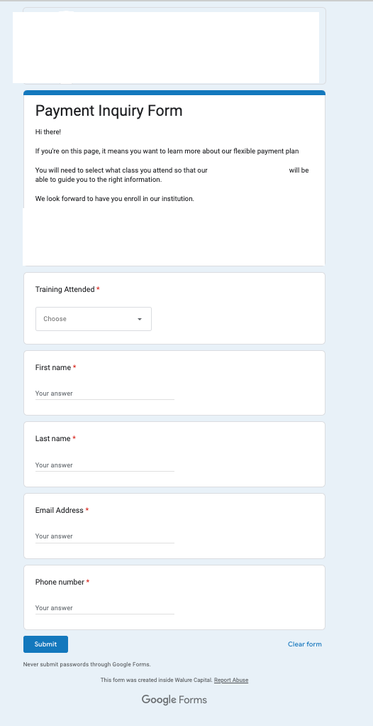 payment inquiry form shared during the webinars and email series